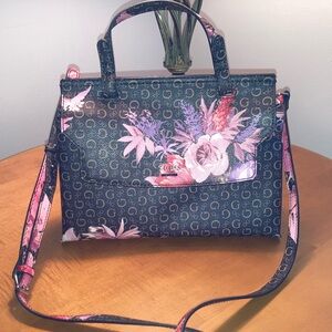 Guess Black Satchel w/Pink & Purple Floral Accents